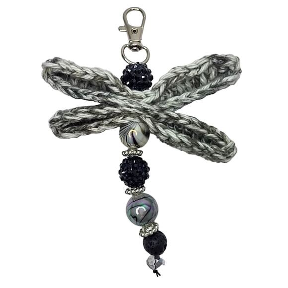 Artisan Made Beaded Dragonfly Keychain Crochet Wings Lava Rock Diffuser Bag Clip - Picture 9 of 10